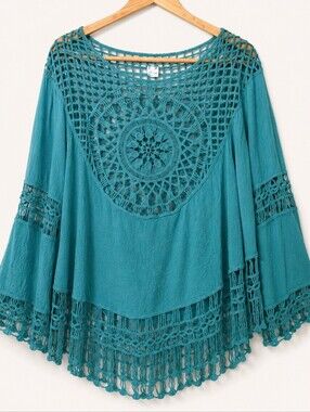 Venus Bohemian Crochet Lace Fringe Tunic Blouse Teal Size XL